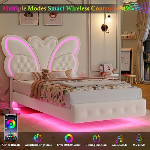 Keyluv Twin Bed Frame Butterfly-Pattern Upholstered Headboard, Modern Floating Bed with LED Lights Button Tufted on Headboard and Footboard, Slats Support No Box Spring Needed, Noise-Free, Beige Keyluv