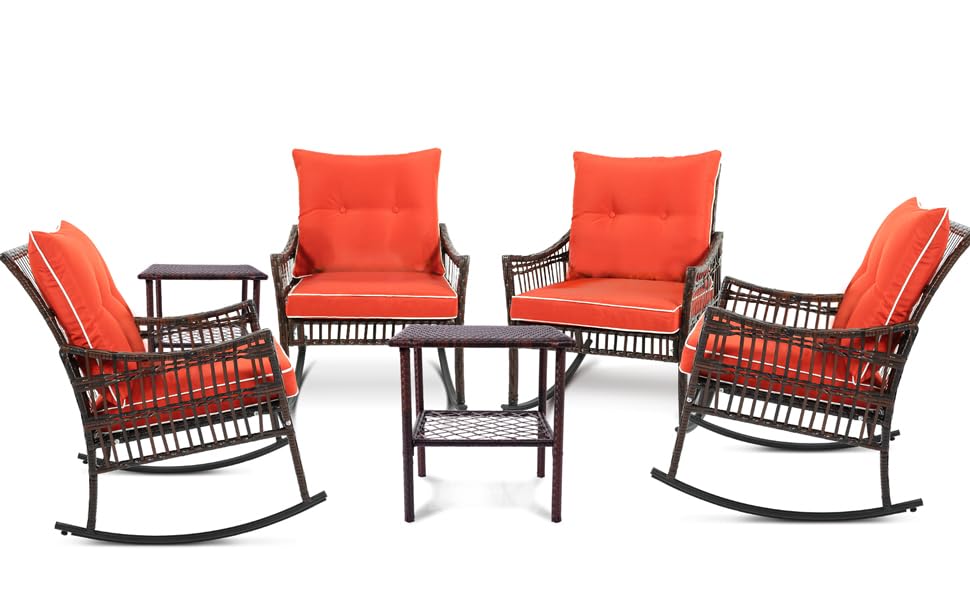 CIRMUBUY 6-Piece Patio Furniture Set,Outdoor Rocking Chairs Set of 2, Patio Conversation Set with 4 Wicker Chairs with 2 Glass Coffee Tables and Cushions for Backyard, Bistro (Carrot) - WoodArtSupply