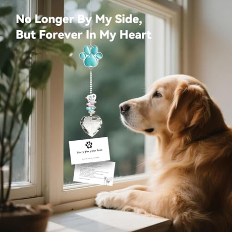 Pet Memorial Suncatcher - Dog Memorial Gifts, Pet Loss Sympathy, Thoughtful Dogs and Cats Bereavement Remembrance Gifts, Natural Cat's Eye Paw Crystal Suncatcher(Peacock Blue) AMETHUARTZ