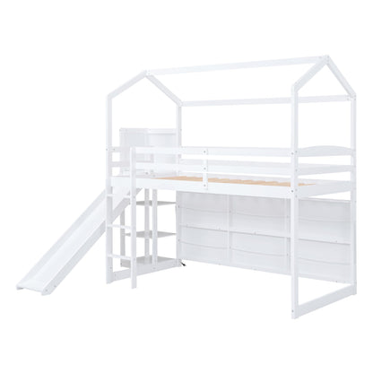 Harper & Bright Designs Kids Twin House Loft Bed with Slide, Storage Shelves and LED Light, Wood Twin Low Loft Bed with Guardrail and Ladder, Twin Playhouse Bed for Kids Teens Boys & Girls, White