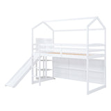 Bellemave Twin Loft Bed with Slide and Ladder, House Loft Bed for Kids, Wood Loft Bed, for Boys Girls, White with Storage Shelves and Light Bellemave