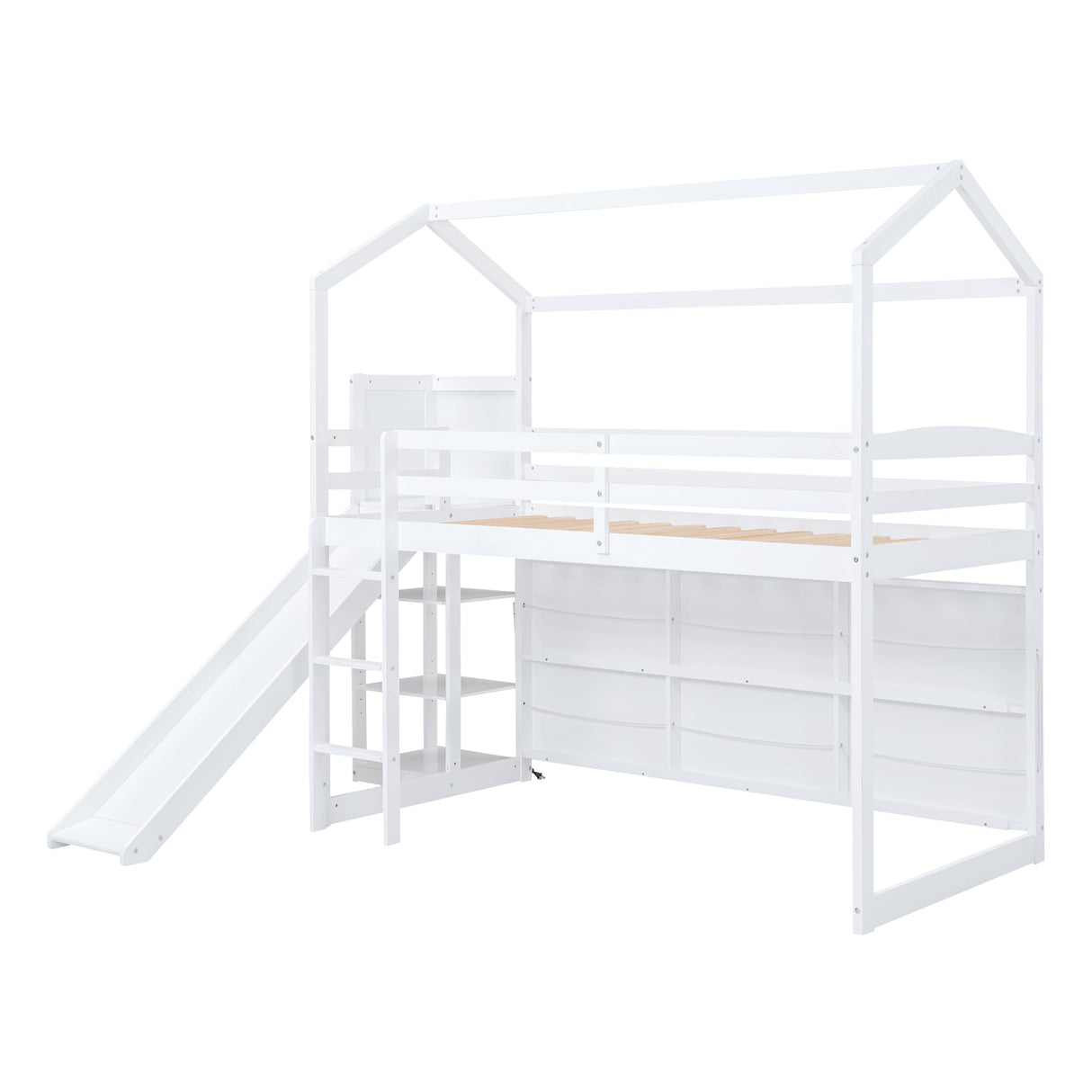 Twin Size Wood House Loft Bed Frame for Boys Girls Kids Adults Toddler with Slide, Storage Shelves and Light, White Flieks