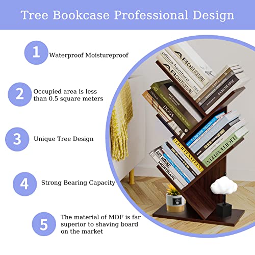 R RUISHENG 5-Tier Retro Tree Design Bookshelf - Dark Walnut Narrow Book Organizer for Home and Office - WoodArtSupply