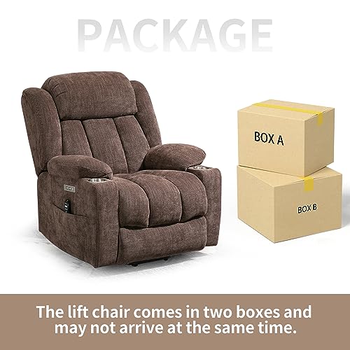 2024 Power Lift Recliner Chair with Full-Body Massage and Heat for Elderly, Hand Remote Control, Upgraded Powerful Motor, Extended Footrest, USB Ports, Stainless Steel Cup Holders, Chenille Brown