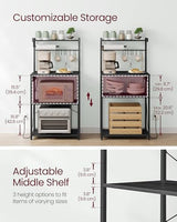 VASAGLE Kitchen Bakers Rack with Power Outlet, Coffee Bar 4-Tier with 8 S Hooks, Microwave Stand, Adjustable Shelf, for Small Spaces, Charcoal Gray and Ink Black UKKS014B01V1