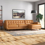 ASHCROFT Elva Mid Century L-Shaped Genuine Leather Right Facing Chaise Sectional, Light Brown Tufted Tight Back Sectional Sofa for Living Room Waiting Area Office Apartment Dorm Home, Tan ASHCROFT
