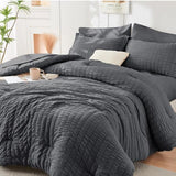 HYMOKEGE Queen Comforter Set Seersucker 7 Pieces, All Season Luxury Bed in a Bag for Bedroom, Bedding Set with Comforters, Sheets, Pillowcases & Shams, Dark Grey HYMOKEGE