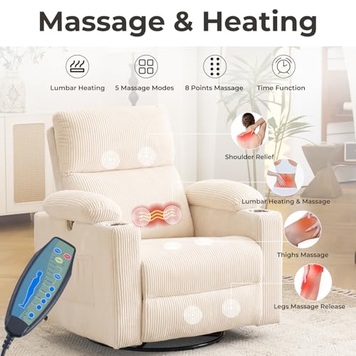 Oversized Power Recliner Chair Swivel Glider with Massage and Heat, Swivel Rocker Recliner with Adjustable Armrests, Nursery Chair with Adjustable Headrest, Rocker Nursery Recliner, Corduroy Beige