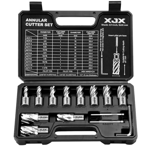 XJX 14 Pcs Annular Cutter Set, 3/4 Inch Weldon Shank 1” Cutting Depth 7/16 to 1-1/16 Inch Cutting Diameter Magnetic Drill Press Bits with 2 Pilot Pin and Hex Wrench - WoodArtSupply