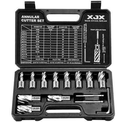 XJX 14 Pcs Annular Cutter Set, 3/4 Inch Weldon Shank 1” Cutting Depth 7/16 to 1-1/16 Inch Cutting Diameter Magnetic Drill Press Bits with 2 Pilot Pin and Hex Wrench - WoodArtSupply