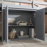 Merax Loft Bed Twin Size with Pull Out Desk, Low Loft Bed with Underneath Cabinet, 3 Side Drawers and Shelves, Wood Bed Frame with Guardrails and Ladder, Wood Slat Support, No Box Spring Need, Gray Merax