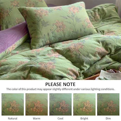 VM VOUGEMARKET Green Duvet Cover Set Full,Lily Flower Jacquard Duvet Cover with 2 Pillowcases 3Pcs Yarn-Dyed Linen Cotton Green Purple Bedding Set for Teens Girls Without Comforter-80 x90 VM VOUGEMARKET