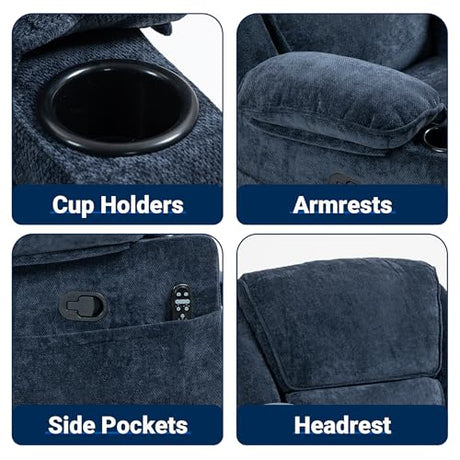 Culect 360° Swivel Rocker Recliner Multi-Functional Nursing Chair with Heating Massage, Manual Recliner Chair with Cup Holders, Lazyboy Recliner Chair for Living Room, Bedroom, Navy Blue Culect