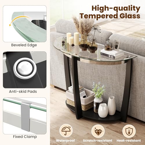 Giantex 2-Tier Glass Console Table, Half Moon Modern Entryway Table with Tempered Glass Top & Open Storage Shelf, Narrow Long Sofa Table for Living Room, Hallway, Foyer, Entrance (Black) Giantex