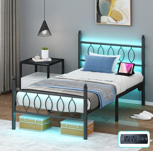 Samurbex Twin Size Bed Frame with Headboard,Black Metal Platform Bed Frame Twin Size with Charging Station & LED Lights,12-Inch Under Bed Storage,No Box Spring Needed,Noise Free,Easy to Assemble Samurbex