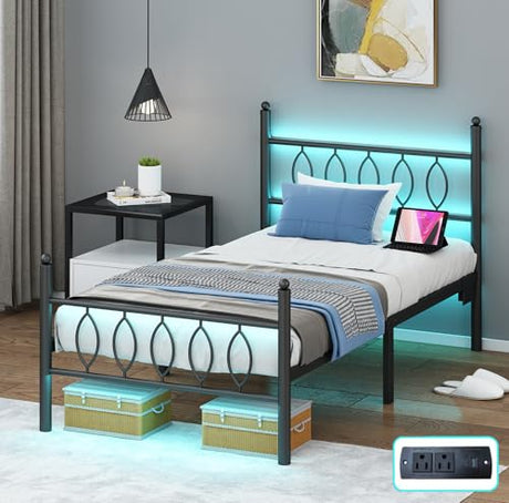 Samurbex Twin Size Bed Frame with Headboard,Black Metal Platform Bed Frame Twin Size with Charging Station & LED Lights,12-Inch Under Bed Storage,No Box Spring Needed,Noise Free,Easy to Assemble Samurbex