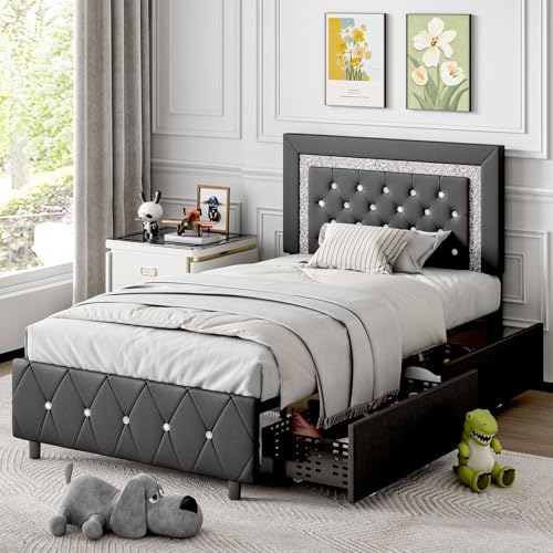 BarnFurin Twin Bed Frames with LED Lights and Storage Drawers, Upholstered Bed Frame with Diamond Headboard, Faux Leather Modern Platform Bed, Wooden Slats Support, No Box Spring Needed, Black BarnFurin