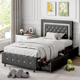 BarnFurin Twin Bed Frames with LED Lights and Storage Drawers, Upholstered Bed Frame with Diamond Headboard, Faux Leather Modern Platform Bed, Wooden Slats Support, No Box Spring Needed, Black BarnFurin