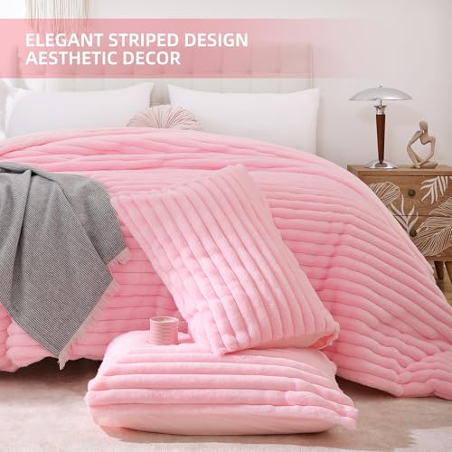 Smoofy Fluffy Queen Comforter Set 3 Pieces - Pink Fleece Fluffy Comforter Set, Luxury Fuzzy Queen Bedding Set, Soft Warm Bed Set All Season, Heavy Faux Fur Comforter with 2 Pillow Cases Smoofy