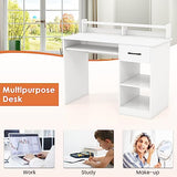 IFANNY Computer Desk with Drawers, Study Table with Storage Shelves, Keyboard Tray, Power Outlet, Wood Makeup Vanity Table, Small Desk for Bedroom, Study, Living Room, Home Office (White, 35.5''H) IFANNY