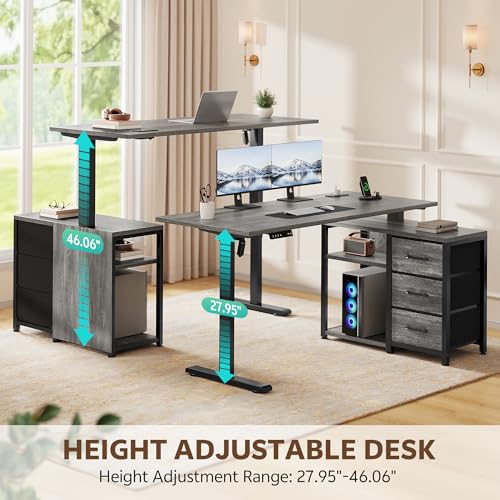 Homiflex 47 Inch L Shaped Standing Desk with 3 Drawers Electric Standing Desk with Storage Computer Desk Adjustable Height Desk with Power Outlets 4 Memory Presets for Home Office Grey Homiflex