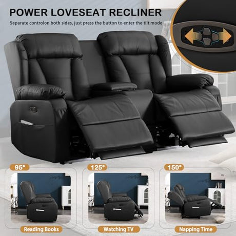 DUNELLA 66" Power Loveseat Recliner Sofa, Home Theater Seating with Console, Electric Recliner RV Sofa with USB/Type-C/Storage/Side Pocket/LED Light for Travel Trailers (Black) DUNELLA