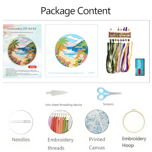 Zhenqing Beach Landscape Embroidery Kit, Seaside Floral Craft Set with 20cm Hoop, Printed Design on 29x29cm Cotton Fabric, DIY Coastal Wall Art (JC0027)