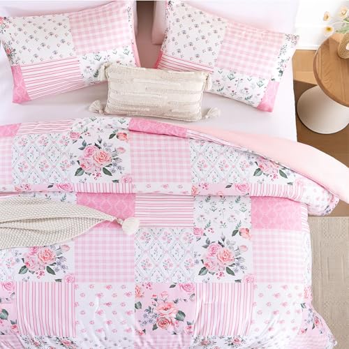 YIKUSH Queen Comforter Set - Pink Spring Floral Comforter Queen Size Patchwork Flower Cozy Bedding Set 3 Pieces for All Season, Cute Pattern 1 Comforter (90"x90") and 2 Pillow Shams (20"x26") YIKUSH