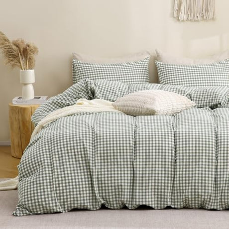 TOCOMOA Green Gingham Duvet Cover Bedding Set 100% Washed Cotton Like Linen Feel Super Soft Comfortable 3 Piece Vintage Plaid Checkered Comforter Cover Set (Full 80"x90", Comforter Not Included) TOCOMOA