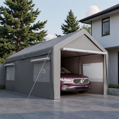 Trygoal 10x20 FT Heavy Duty Carport, Outdoor Storage Shed Tent with Removable Sidewalls & Roll-Up Ventilated Windows, All-Season Portable Garage Shelter with Rubber Ropes & Ground Anchors, Grey Trygoal