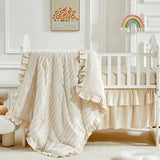 3 Pieces Tufted Stripes Crib Bedding Set with Ruffle Fringe, Beige Ruffled Comforter with Fitted Sheet and Bed Skirt , Soft and Embroidery Shabby Chic Boho Bohemian Jacquard Design for Baby Girls Boys Flysheep