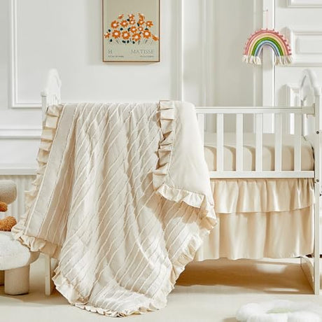 3 Pieces Tufted Stripes Crib Bedding Set with Ruffle Fringe, Beige Ruffled Comforter with Fitted Sheet and Bed Skirt , Soft and Embroidery Shabby Chic Boho Bohemian Jacquard Design for Baby Girls Boys Flysheep