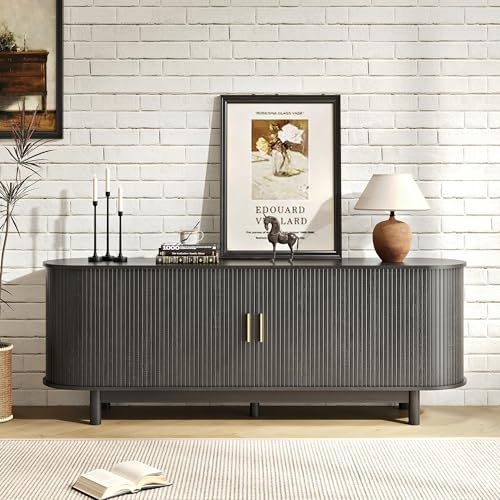 BVIUNTWO 70 Inch Modern Fireplace TV Stand for TVs up to 80 inches, Mid Century TV Console with Solid Wood Legs, Sliding Doors & Curved Design,Media Console for Living Room, Black BVIUNTWO