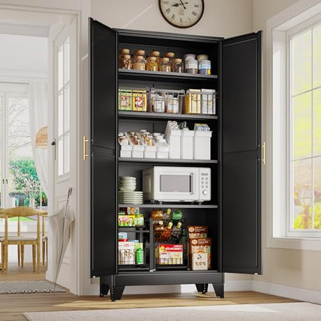 GAIOUS 71" Tall Metal Storage Cabinet with 2 Doors and 4 Adjustable Shelves, Kitchen Pantry Cabinet Black Freestanding Cupboard, 5 Tier Multifunctional Steel Storage for Office, Kitchen, Dining Room GAIOUS
