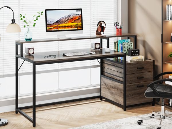 Tribesigns 63 Inch Computer Desk with File Drawer Cabinet, Ergonomic Office Desk with Monitor Stand, Industrial Computer Table with Printer Space, Wood PC Table Workstation Desk for Home Office Tribesigns