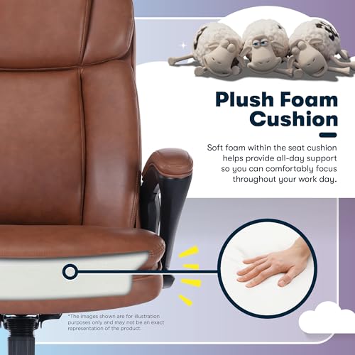Serta Fairbanks Big & Tall Executive Office Chair, Ergonomic Comfy High-Back ComputerChairs with Lumbar Support, Semi-Plush Seat Cushion, Padded Armrests, Nylon Swivel Base, Bonded Leather, Cognac Serta