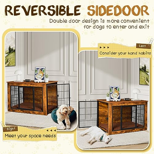 Bigrab Dog Crate Furniture with Thick Cushion, Side End Table Wooden Dog Cage with Double Doors, Chew-Resistant Dog Kennel Dog House Indoor for Small to Large Dog, L Bigrab