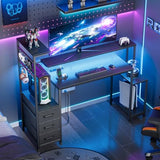 Korfile 48 Inch Gaming Desk with LED Lights & Power Outlets,Computer Desk with Fabric Drawers & Side Hook,Reversible Gamer Table with Monitor Stand for Game Room,Home Office,Carbon Fiber Black Korfile