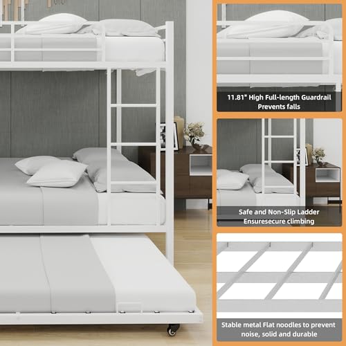 HSUFLWS Metal Queen Over Queen Bunk Bed with Trundle, Heavy Duty Bunk Beds with Full-Length Guardrails & Double Side Ladders, 3 Bunk Beds for Kids Teens Adults, Noise-Free (White, Queens Over Queens) HSUFLWS