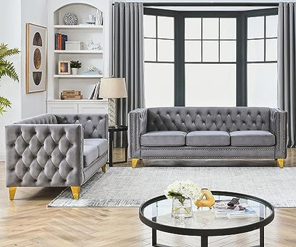 Velvet Living Room Sofa Set of 2, Comfy Loveseat and 3 Seater Couch, Modern Sofa with Tufted Back and Rivet Decoration, Upholstered Long Couch with Solid Golden Metal Tapered Legs, Grey - WoodArtSupply