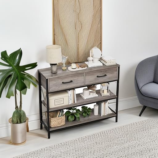 HITHOS Industrial Console Table with Drawers, Vintage Hallway Foyer Table with Storage Shelves, Narrow Long Sofa Entryway Table for Living Room, Grey HITHOS