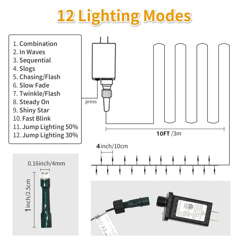 RPGT Christmas Light 1000 LEDs 336ft Green Cable Wire Fairy String Tree Twinkle Lights Plug in 12 Modes for Christmas Party, Outdoor, Garden, Wedding, Home Decoration (Warm White)