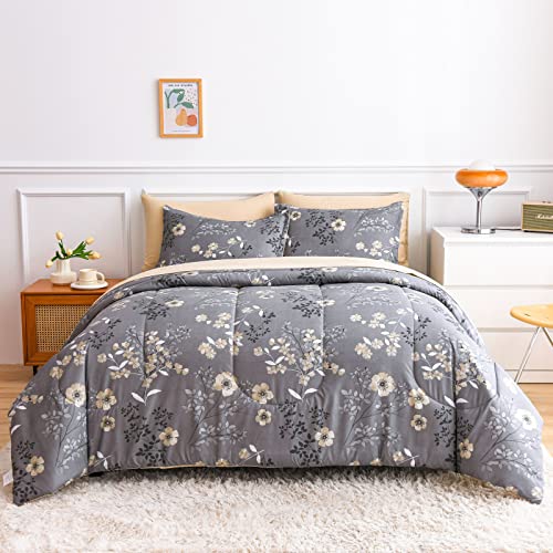 AIKASY Grey King Bed in a Bag 7-Pieces, Comforter Set with Sheets,Tree Branches and Flowers Printing Design,Ultra Soft Down Alternative All Season Bedding Set(King, Grey) AIKASY