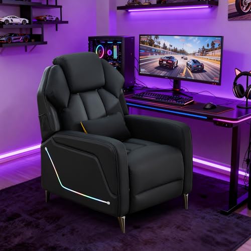 SnyFivv Gaming Recliner Chair with LED Lights, Racing Style PU Leather Gaming Recliner for Adults, Ergonomic Push-Back Recliner with Lumbar Pillow, Home Theater Seating with Side Pockets, Black