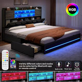 YITAHOME King Size Bed Frame with RGB LED Lights & Storage Bookcase Headboard, Upholstered Bed with Charging Station and 4 Drawers, No Box Spring Needed, Easy Assembly, Noise-Free, PU Leather Black YITAHOME