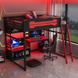 OYUMOENTS Full Size Gaming Loft Bed with Desk and LED Lights, Wood Loft Bed with Storage Shelves & USB Ports, Full Size Loft Beds Frame for Adults Kids Teens, Black+Red OYUMOENTS