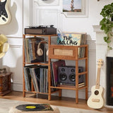 LELELINKY Record Player Stand, Brown Wood Record Holder with Vinyl Storage Holds up to 300+ Albums, 3-Tier Rattan Media Table with Vinyl Display Shelf, Record Storage Cabinet for Living Room LELELINKY