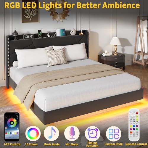 GarveeHome Queen Floating Bed Frame with LED Lights & Charging Station, Upholstered Platform Beds with Storage Headboard & Folding Shelves Storage, Metal Slats Support, No Box Spring Needed, Black GarveeHome