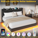 GarveeHome Queen Floating Bed Frame with LED Lights & Charging Station, Upholstered Platform Beds with Storage Headboard & Folding Shelves Storage, Metal Slats Support, No Box Spring Needed, Black GarveeHome