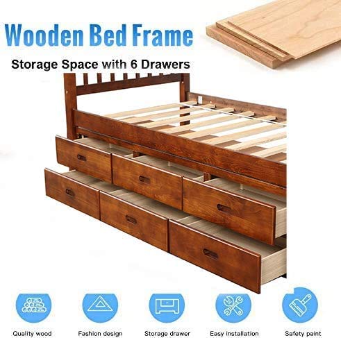 Merax Walnut Twin Size Solid Wood Platform Bed with 6 Storage Drawers Merax